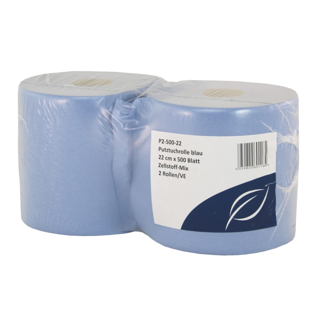 Putztuchrolle Huchtemeier, blau, Zellstoff-Mix, 2-lagig, 22x35 cm, perforiert, 500 Blatt, 2 Rollen im Folienpack #P2-500-22 Image
