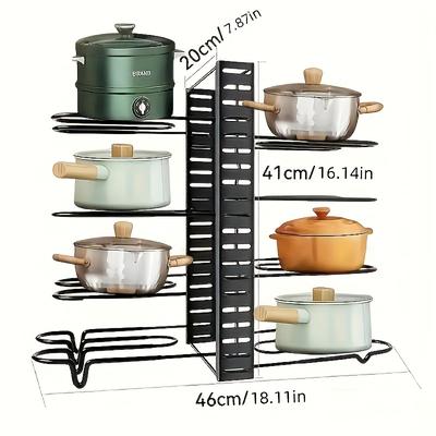 TEMU 1pc 8-layer Pot Rack Black, 8-layer Heavy-duty Pot Rack Organizer - Storage Solution - Metal, Rust-proof, Space-saving Pot, Pot And Lid Cabinet Rack - For Restaurant Use Image