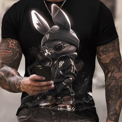 TEMU Men's 3d Cool Rabbit Print T-shirt, Casual Crew Neck Short Sleeve Top, 100% Polyester Knit Fabric, Stretch, Regular Fit, Summer Streetwear - 180gsm Image