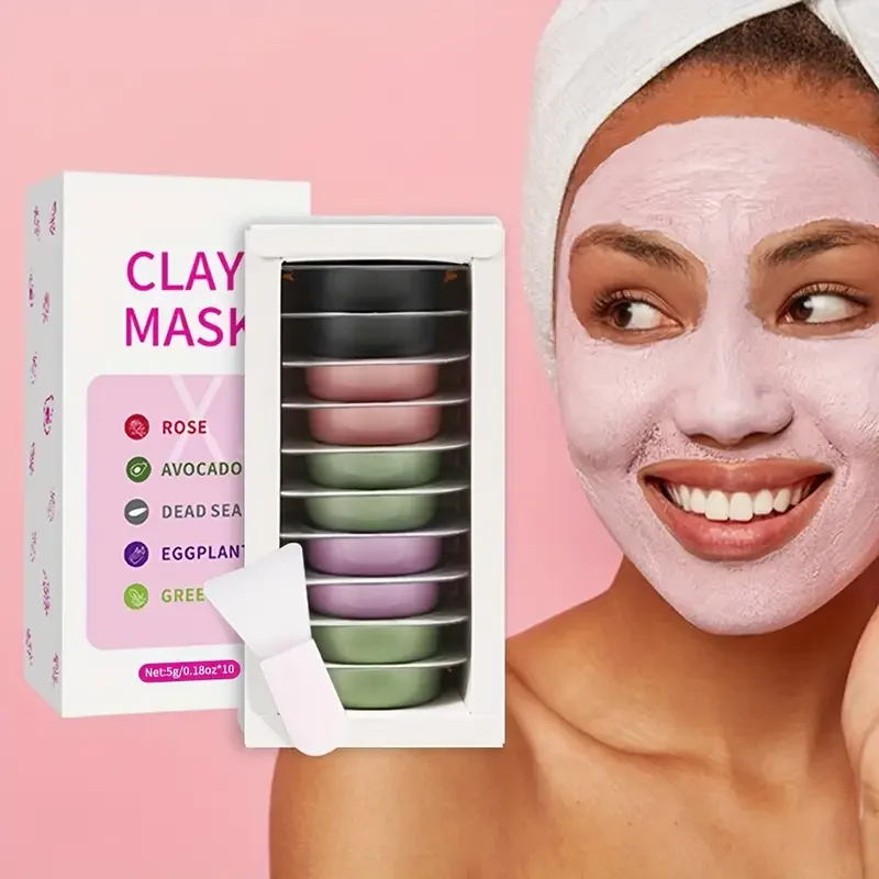 10 Stück Tonmaske, sanfte Reinigung, feuchtigkeitsspendende und feuchtigkeitsspendende Haut, Aubergine/Rose/Grüntee-Maske, Wiederherstellung der Hautmaske, Reise-Essential Image