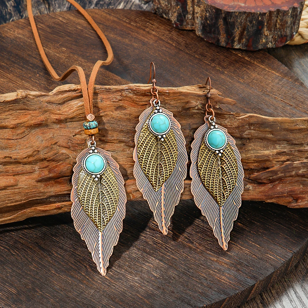 Frauen Neue Vintage-Schmuck-Set Metall Geometrische Blatt Baumeln Ohrringe Anhänger Halskette Stein Inlay Täglichen Verschleiß Party Dekore Geschenke Image