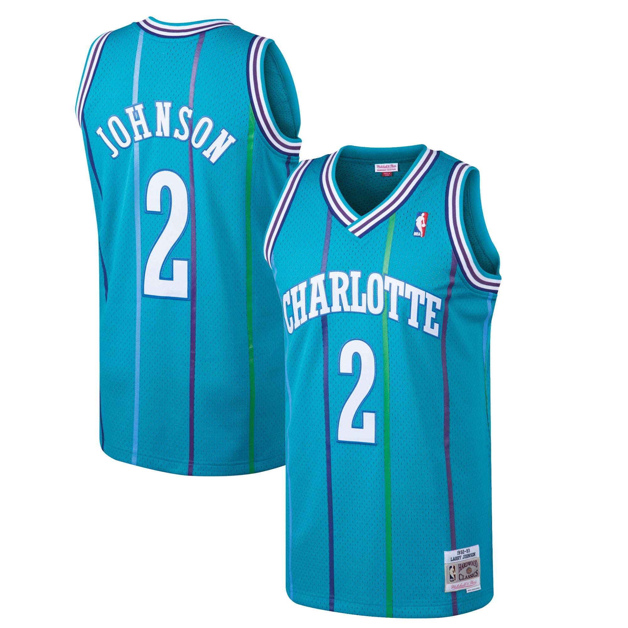 Maillot Swingman Mitchell & Ness Larry Johnson bleu sarcelle Charlotte Hornets 1992/93 Hardwood Classics pour homme - Homme Taille: 2XL
