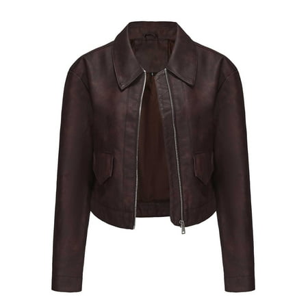 Ashirexll Leather Jacket Women Fall Oversized Solid Color Short Thin Leather Jacket Long Sleeve Lightweight Zip Up Motorcycle Jacket Biker Coat Brown L
