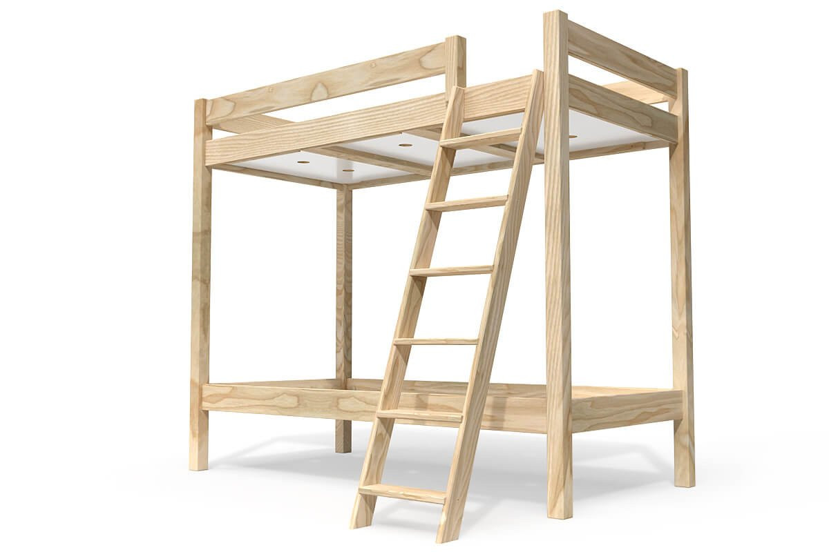 Lit superposé 2 places 90x190 échelle inclinée bois ABC - Brut (sans vernis)