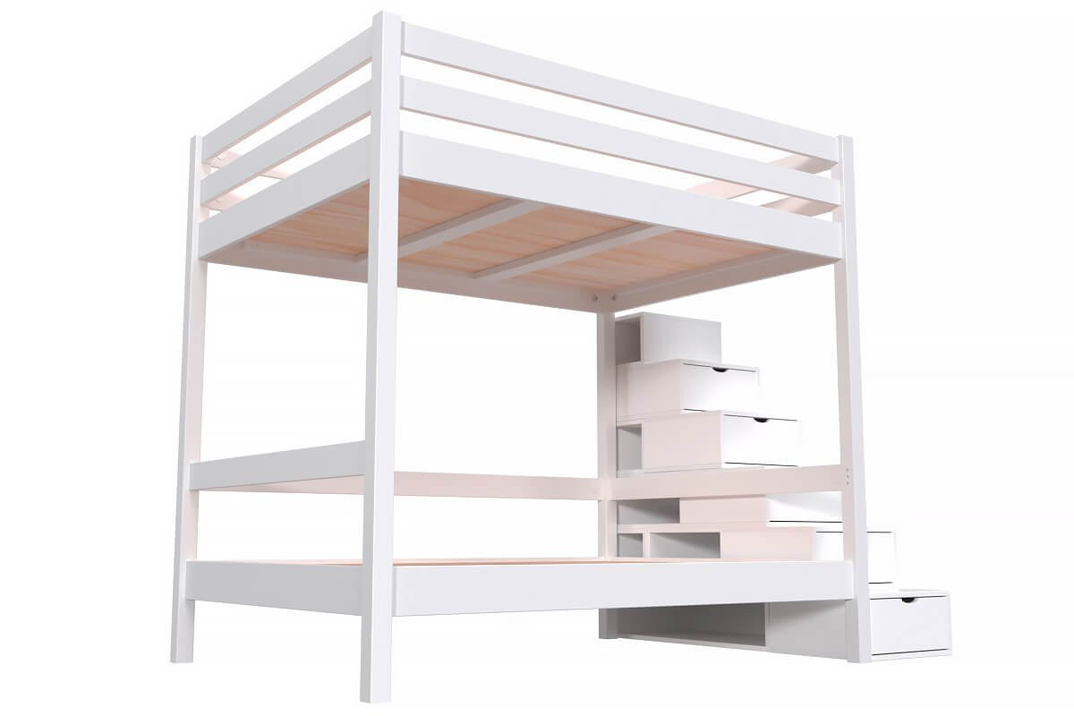 Lit superposé 140x200 double + escalier rangement Sylvia - Blanc