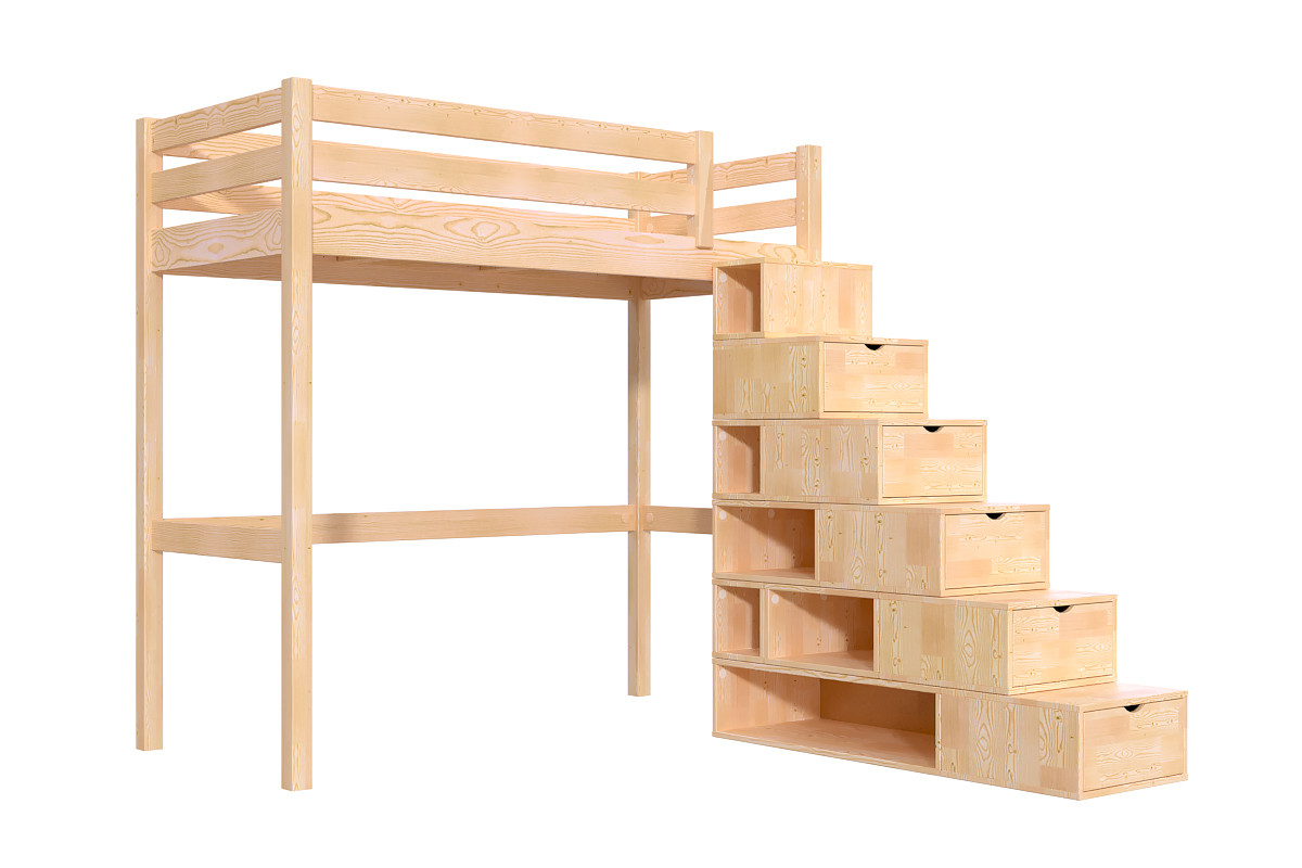 Lit mezzanine bois 90x200 Sylvia avec escalier cube - Vernis Naturel
