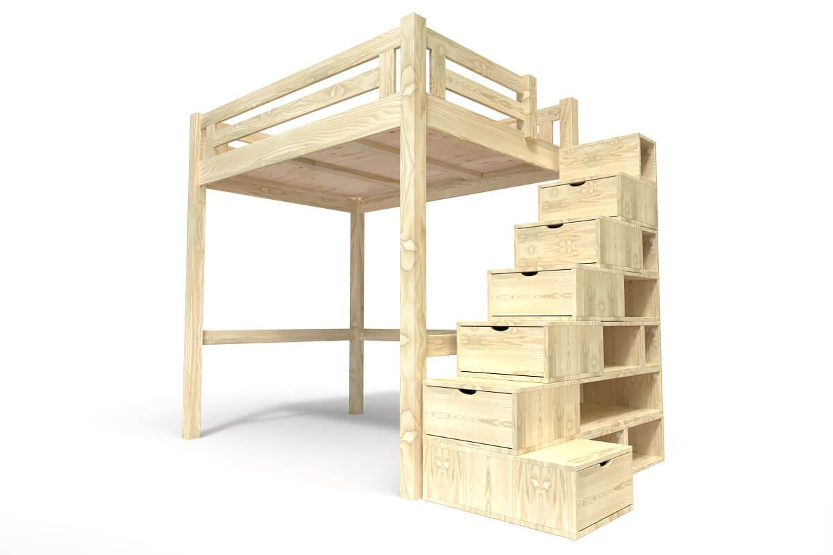 Lit Mezzanine adulte bois 120x200 Alpage hauteur réglable + escalier cube - Brut (sans vernis)