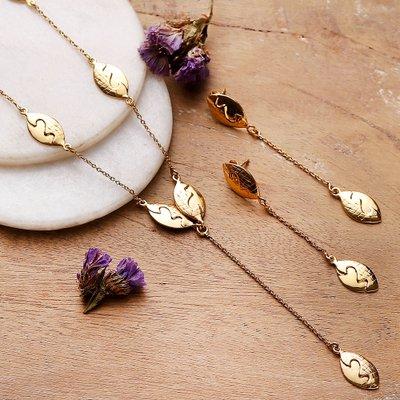 'Leaf-Themed Brass Y Necklace and Dangle Earrings Jewelry Set'