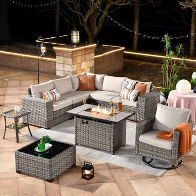 OVIOS 9-piece Patio Wicker Swivel Rocking Chair Set with Fire Pit