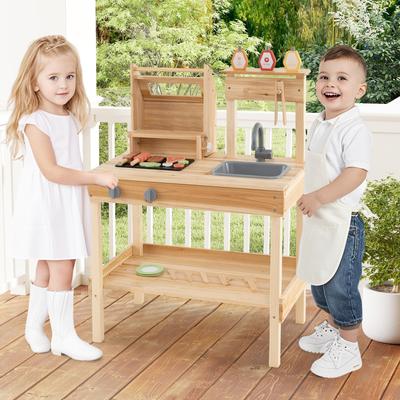Kids Wooden BBQ Grill Playset with Food and Open Storage - 27