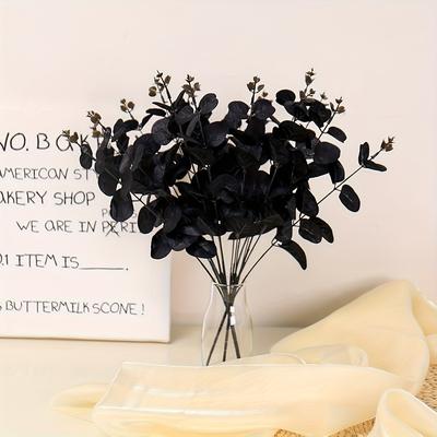 TEMU 3pcs Artificial Black Eucalyptus Leaves Bouquet – Plastic Non-electric Tabletop Home Decor For Room Types, Ideal For Halloween & Garden Landscaping – No Container Included Image