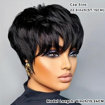 TEMU Stylish Cut Wig For Women | 180% Density Brazilian Hair | Glueless Straight Black Wig With Bangs | Cap | Short Layered Design | African American Women & All Image