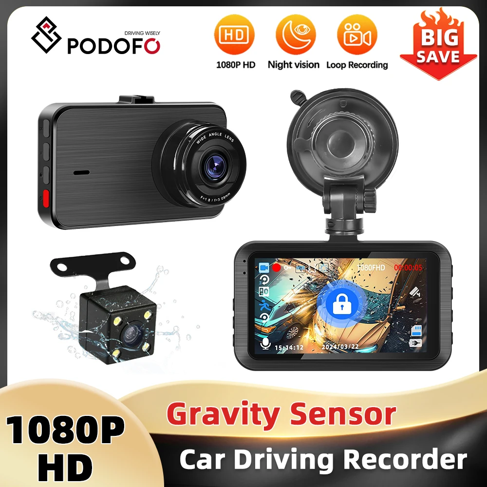 Podofo 3'' IPS Screen Car DVR G-Sensor Dual-Len Drive Recorder Parking Monitoring Emergency Recording 150° Wide-angle Waterproof Image