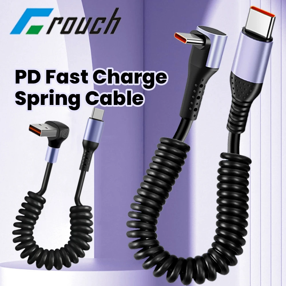 Cavo USB tipo C a C a gomito da 90 gradi Cavo USB C retrattile a molla Cavo dati di ricarica rapida 6A 66W per iPhone Android CarPlay