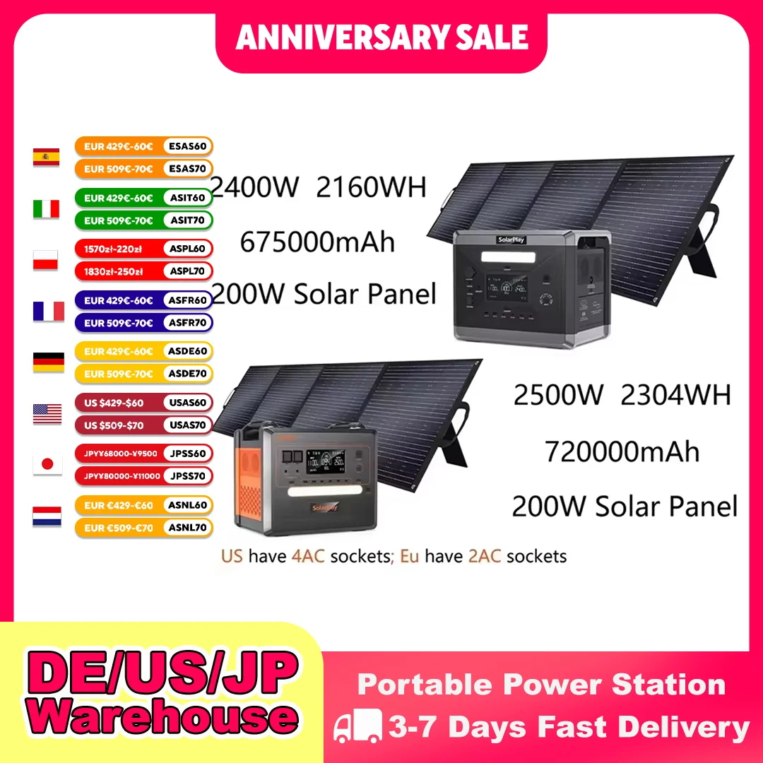 Solargenerator 2160WH 2304WH Langlebiges tragbares LiFePO4-Kraftwerk und 200-W-Solarpanel für Heimcamper bis zu 2400 W Ausgang Image