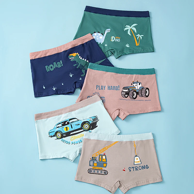 5 stücke Boxershorts für Kleinkind jungen, atmungsaktive Unterwäsche mit Cartoon-Dinosaurier-/Auto muster, bequeme Unterhose für Kinder Image