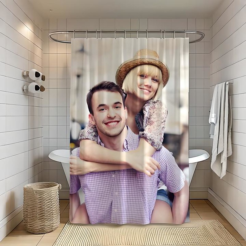 Personalized Photo Shower Curtain with 12 Hooks- Custom Wedding Gift for Couple Wedding Gift Bathroom Decor Fabric Waterproof Washable Upload Your Image Photo Picture for Bathroom Hotel