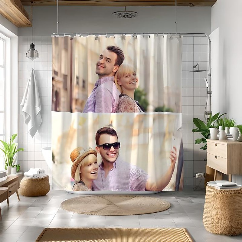Personalized Photo Shower Curtain with 12 Hooks Custom Wedding Gift for Couple Bathroom Decor Fabric Waterproof Washable Upload Your Image Photo Picture for Bathroom Hotel