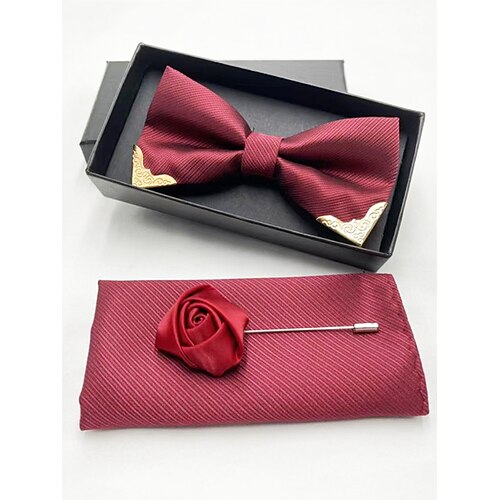 Burgunderfarbenes Herren-Fliegenset mit Goldspitze, Einstecktuch und rosa Anstecknadel – elegante Accessoires für Hochzeiten, Partys und formelle Anlässe