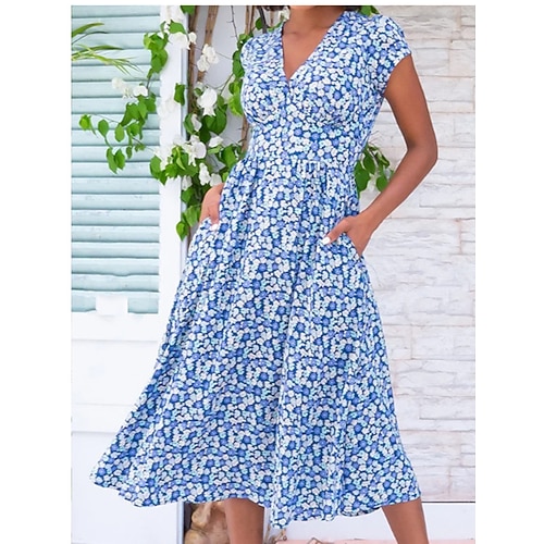 Damen Arbeitskleid Freizeitkleid A-Linie Kleid Elegant Büro Alltag Arbeitsmode Midikleid Tasche V-Ausschnitt Kurzarm Blumenmuster Normale Passform Gelb Rot Blau Sommer Frühling S M L XL 2XL Image