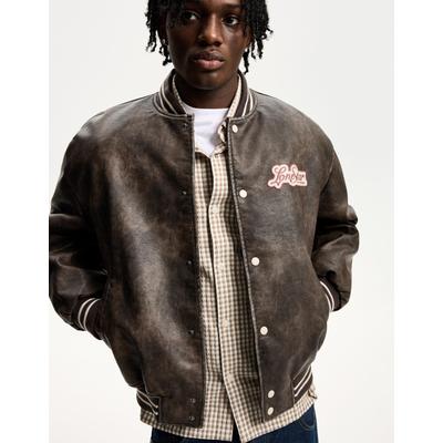 Bershka Faux Leather Bomber Jacket Men M Brown