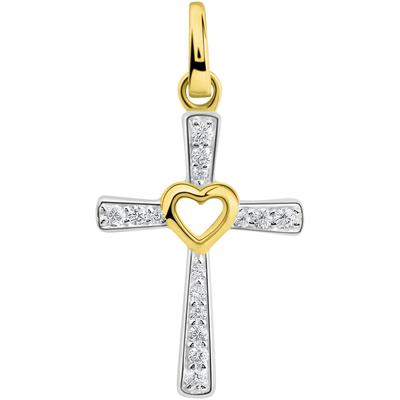 Kreuz-Anhänger FIRETTI "Schmuck Geschenk Gold 375 Halsschmuck Anhänger Kreuz mit Herz", gold (gelbgoldfarben, weißgoldfa