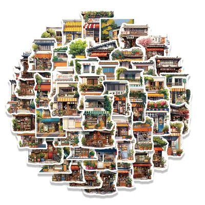 55PCS Street Side Shop Aufkleber Landschaft Retro Konto Materialien Telefon Fällen Laptop Tassen Image