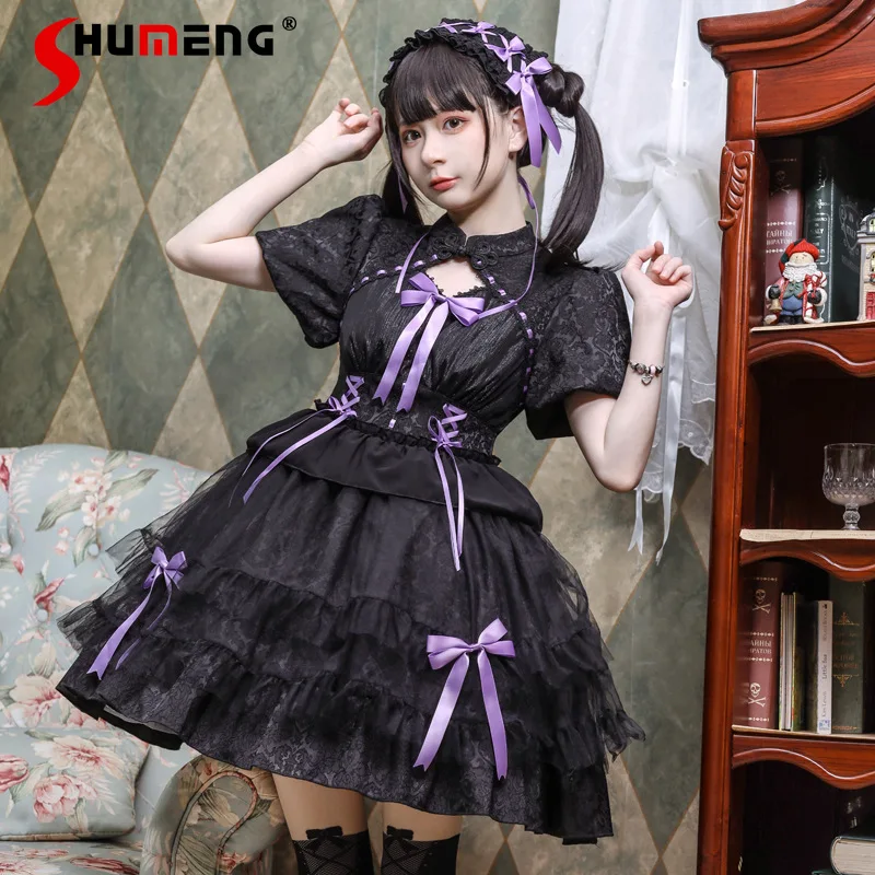 Schwarz Lila Lolita Kleid Weibliche Original Gothic Hohe Taille Schlanke Schleife Spitze Prinzessin Party Kleid Kurzes Geburtstagskleid für Frauen
