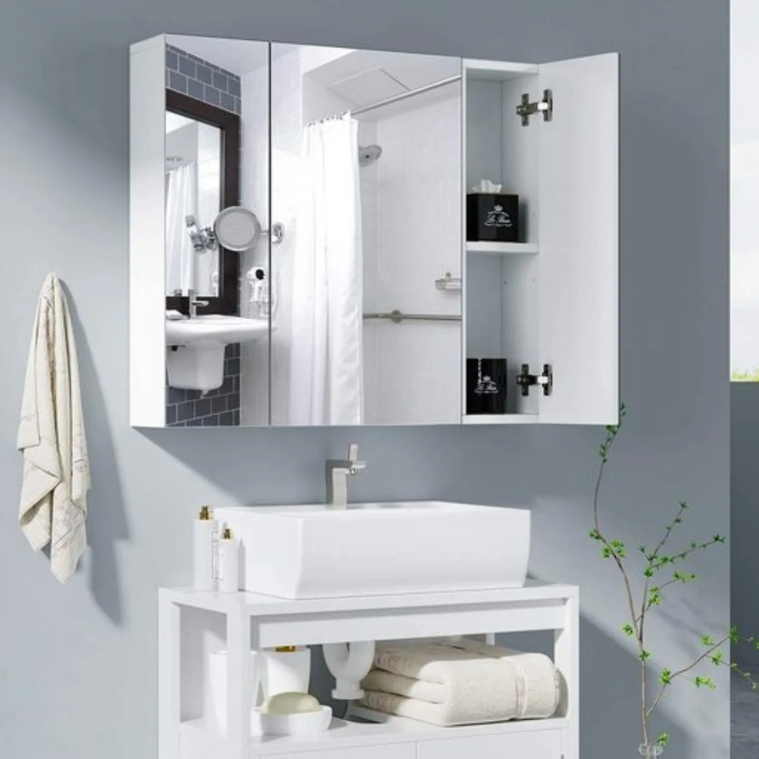 Getone Spiegelschrank Badezimmerschrank Spiegelschrank Bad mit 3 Türen, Spiegelschrank Weiß mit spiegel, 70x60x15cm, Holz