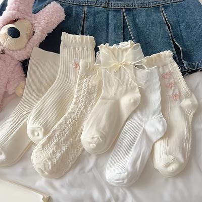 TEMU 6 Pairs Of Spring And Autumn Women's Cute And Sweet Socks With Lace, Comfortable And Sweat-absorbing Mid-calf. Image