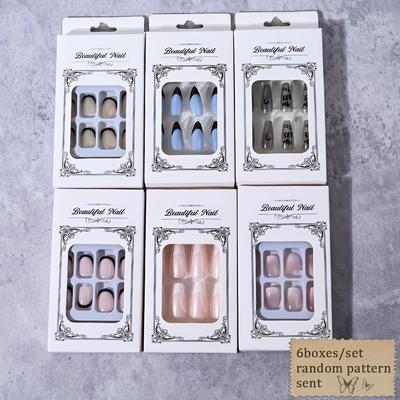 TEMU 6boxes/144pcs Press On Nails - Random Style Short Square, Long Ladder, Medium Shapes, Random Patterns - 24pcs/box Acrylic Nails Image