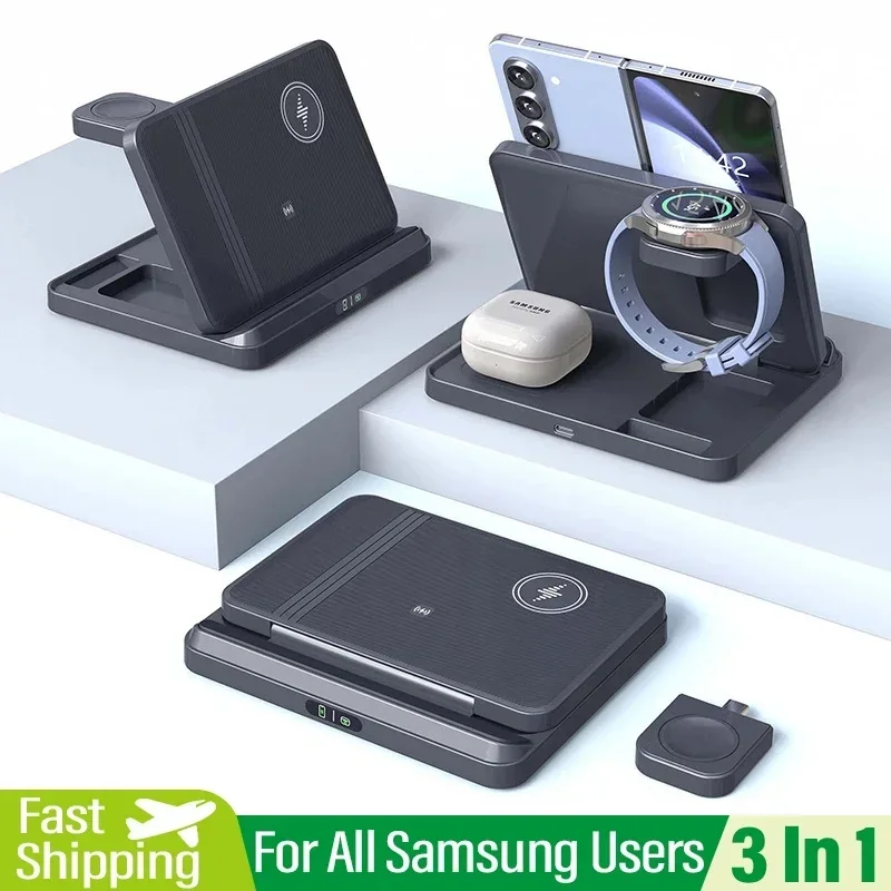 Supporto per caricabatterie wireless 3 in 1 per Samsung Z Fold Zflip5 S24 S23 Ultra Galaxy Watch 6 5 Buds2 Dock station di ricarica rapida pieghevole