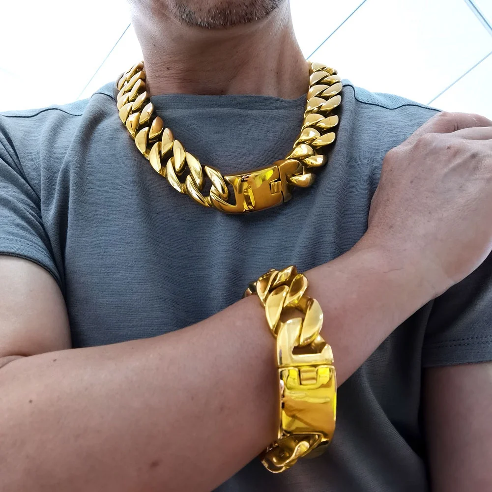 316L Edelstahl Ton Curb 24mm solide schwere lange Halskette + Armband Schmuck Image