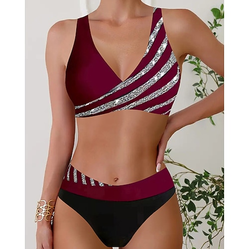 Damen Tankini Bikini, Zweiteiler V-Ausschnitt Bademode Streifen Badeanzug Schwarz Wein Atmungsaktiv Schnelltrocknend Leichtgewichtig Ärmellos - Schwimmen Surfen Strand Sommer Frühling Image