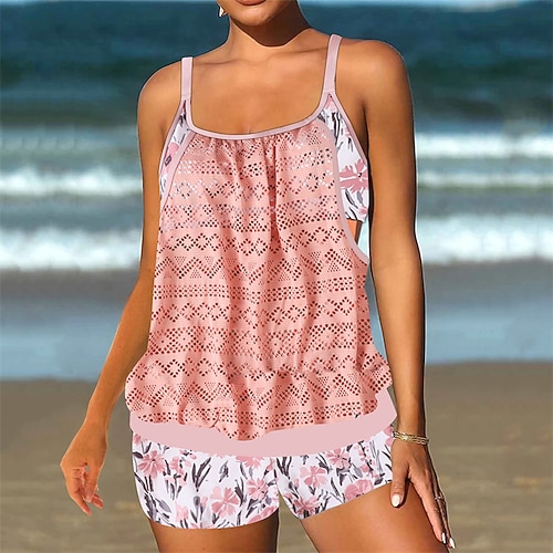Damen Tankini Bikini, Zweiteiler Spitze Bademode Badeanzug Schwarz Rosa Atmungsaktiv Schnelltrocknend Leichtgewichtig Ärmellos - Schwimmen Surfen Strand Sommer Frühling Übergröße Image