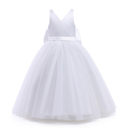 Blumenmädchenkleid Kinder Mädchen Prinzessinenkleid Leistung Hochzeit Party Elegant Schön Gitter Feste Farbe Ärmellos V-Ausschnitt Weiß Rosa 4 Jahre Image