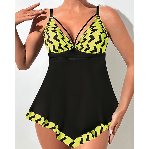 Damen Tankini Bikini, Zweiteiler V-Ausschnitt Bademode Badeanzug Schwarz / Weiß Weiß Atmungsaktiv Schnelltrocknend Leichtgewichtig Ärmellos - Schwimmen Surfen Strand Sommer Frühling Übergröße Image