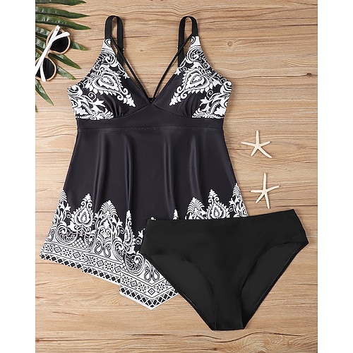 Damen Tankini Bikini, Zweiteiler V-Ausschnitt Bademode Badeanzug Schwarz / Weiß Weiß Atmungsaktiv Schnelltrocknend Leichtgewichtig Ärmellos - Schwimmen Surfen Strand Sommer Frühling Übergröße Image