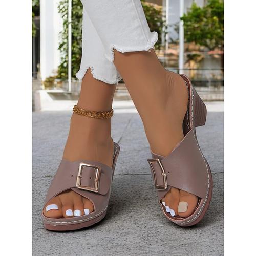 Women's Blue Open-Toe Mule Sandals with Block Heels and Gold Buckle – Stylish Summer Shoes for Casual Occasions