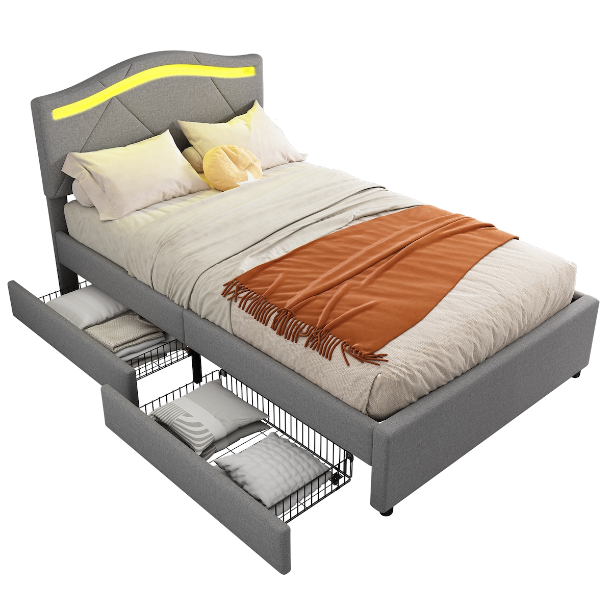Merax Polsterbett, 90x200cm, (ohne Matratze), Ferngesteuerte Raumbeleuchtung, Bett mit zwei Schubladen, Verstellbares Kopfteil, Leinen, Grau Image