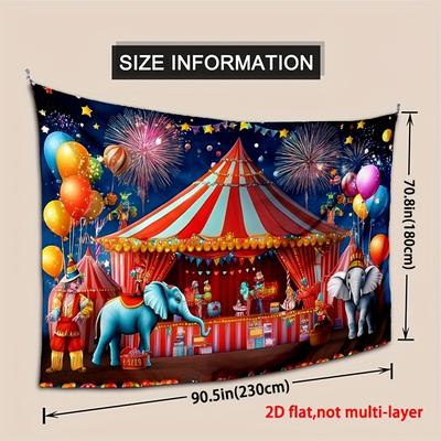 TEMU 1pc Party Backdrop For Carnival-themed ' Birthday & Photo Booth Decorations - Vibrant Polyester Banner With Elephants, Balloons & Fireworks, Circus-themed Parties Image