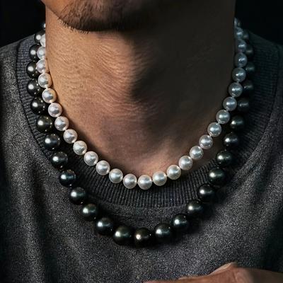 TEMU 2pcs Stylish Plastic Pearl Necklaces For Men - Classic White & Black/grey Bead Design, Versatile Everyday Accessories, Durable And Easy To Care For Image