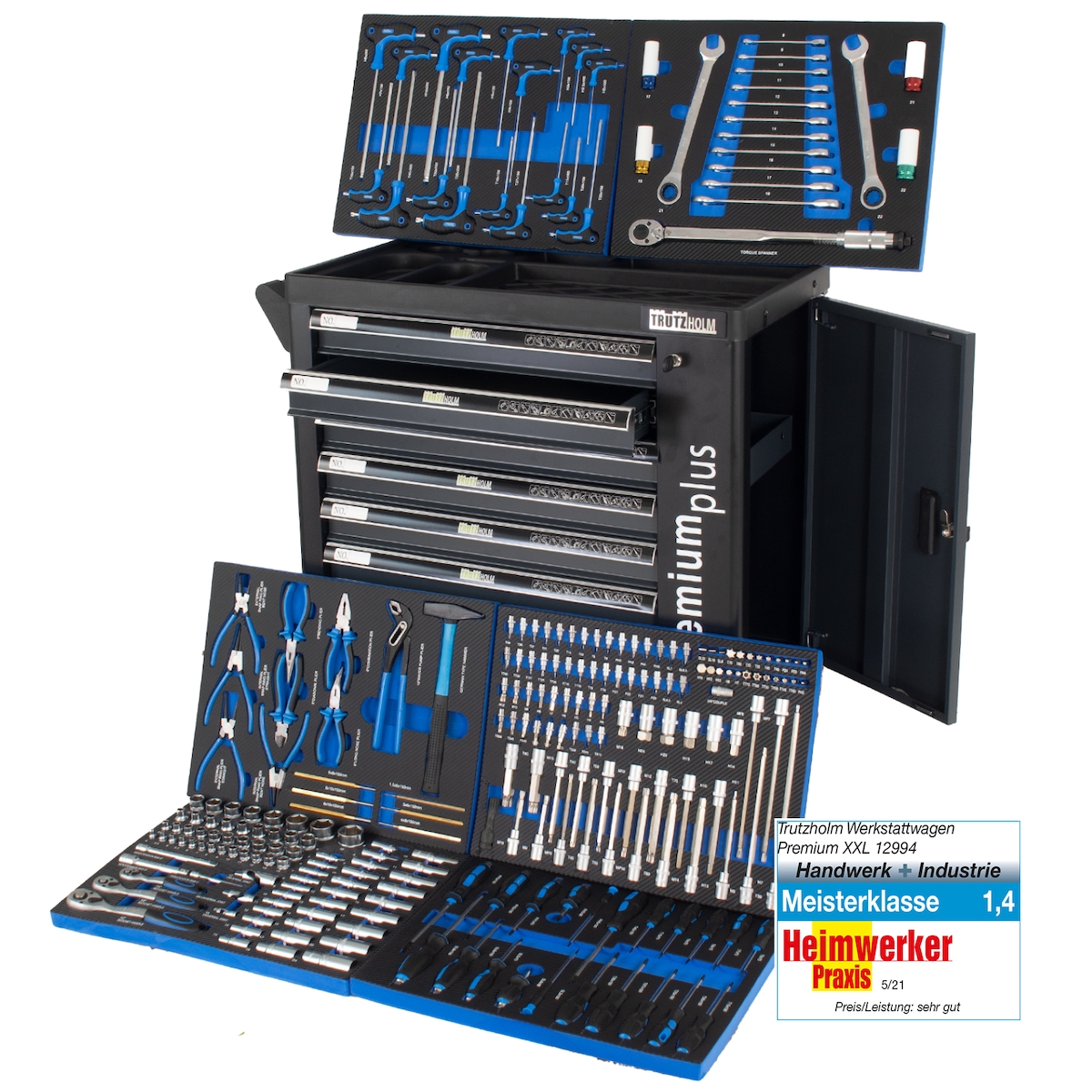 Baumarktplus Werkzeugwagen Premium XXL 7 Schubladen gefüllt mit Werkzeug 840mm Breite.CRV Werkzeug abschließbar Anthrazit Image