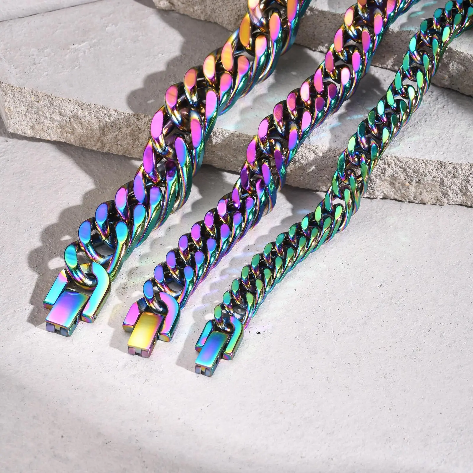 Vnox 8mm/10mm/12mm Bracciali a maglia cubana per uomo Donna, gioielli con cinturino in acciaio inossidabile color arcobaleno quadrato Miami Curb Link