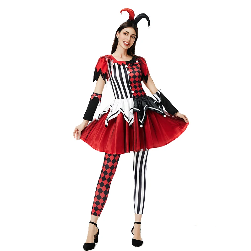 NUOVA signora colorata costume da clown del circo impertinente arlecchino Joker cosplay carnevale festa in maschera di Halloween