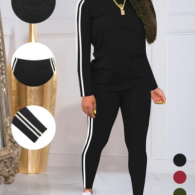 TEMU Women' Elastic Waist Pants Set With Round Neck Long Sleeve Two-piece Suit Image