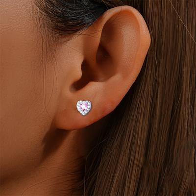 TEMU 1 Pair 925 Sterling Silver Heart-shaped Stud Earrings, Cute With Synthetic Zirconia, Fashionable Versatile /gift Jewelry, All Compatible, Full Diamond, Zirconia, Silver 0.7-0.5g, Vacation Wear Image