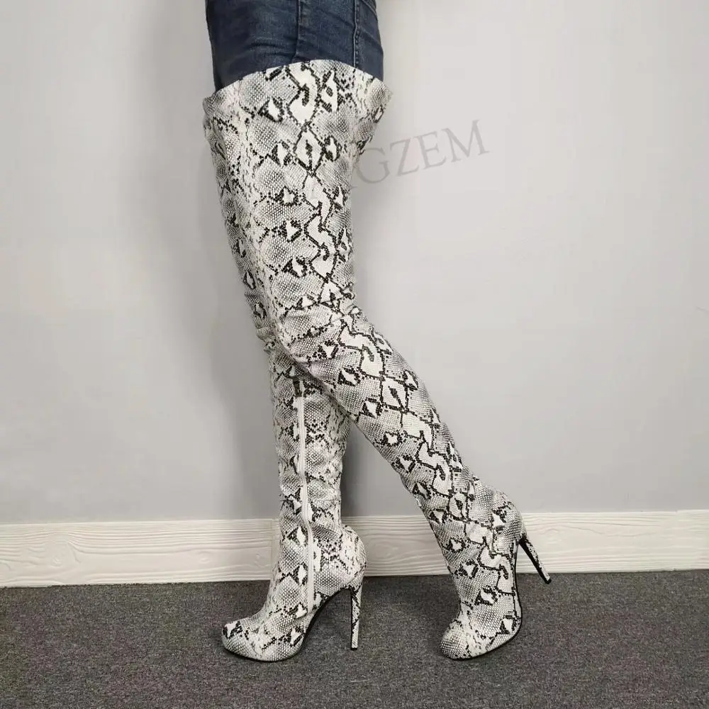 BERZIMER Frauen Oberschenkel Hohe Plattform Stiefel Snake Print Heels Stiletto High Heels Zapatos Damen Schuhe Frau Große Größe 41 45 52