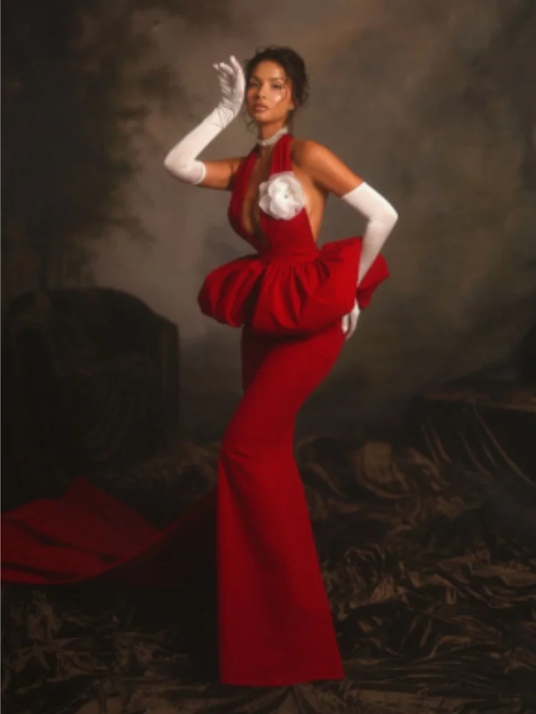 2023 neue Rote Farbe Frauen Sexy Halter-Backless Bodycon Lange Verband Kleid Handschuhe Feiern Leistung Kostüm Bühne Tragen Image