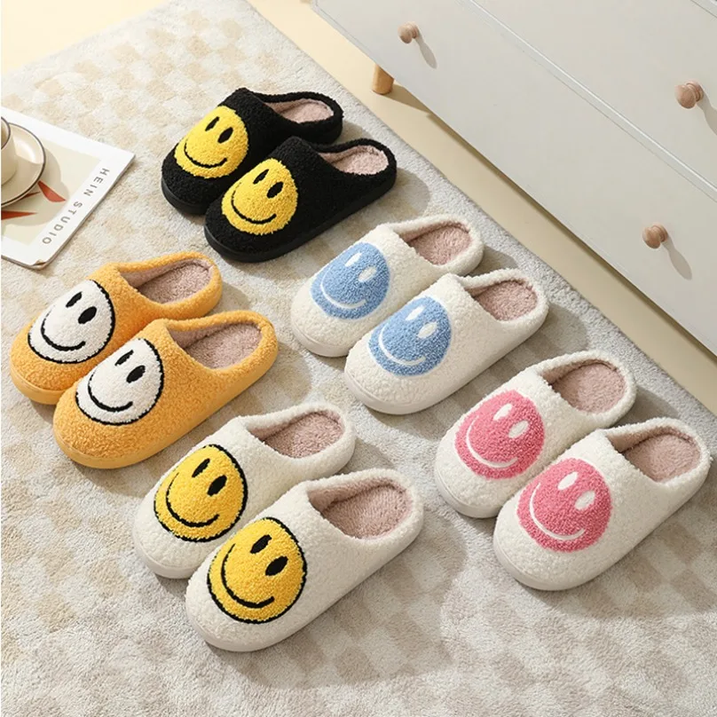 Fuzzy Smile Face Damen Herren Slipper Kawaii Cartoon Plüsch Baumwolle Indoor Lustig Niedlich Winter Warm Bodenhaus Home Rutschfeste Schuhe
